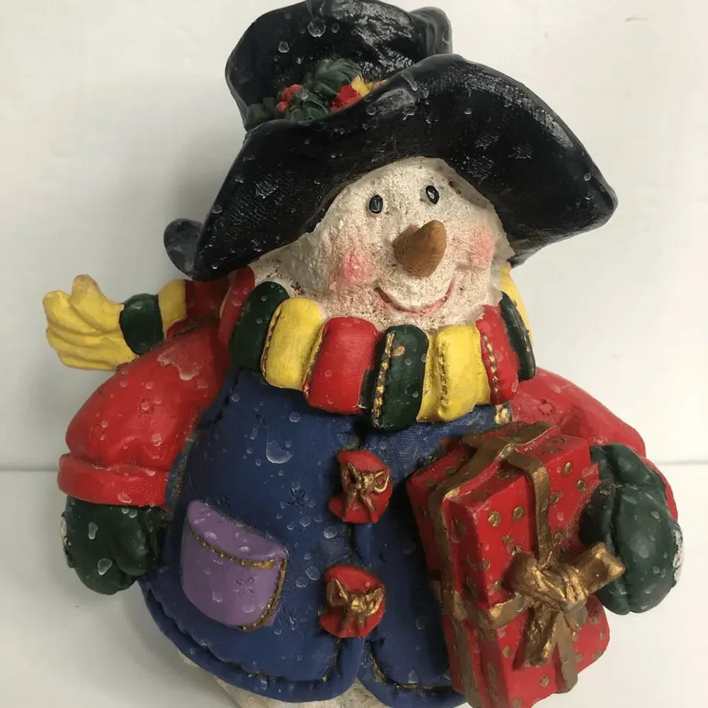 vtg Y2k colorful snowman figure snow drops‎ detail holding gift 7 inches tall